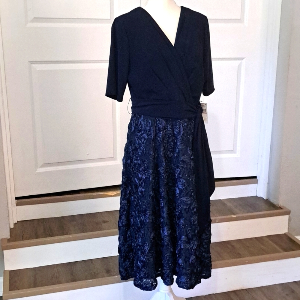 Alex Evenings Women's Tea Length Navy Blue Dress with Rosette Details 12P NWT